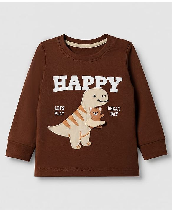 Babyhug 100% Cotton Terry Knit Full Sleeves T-Shirt and Joggers Set With Dino Patch - Brown