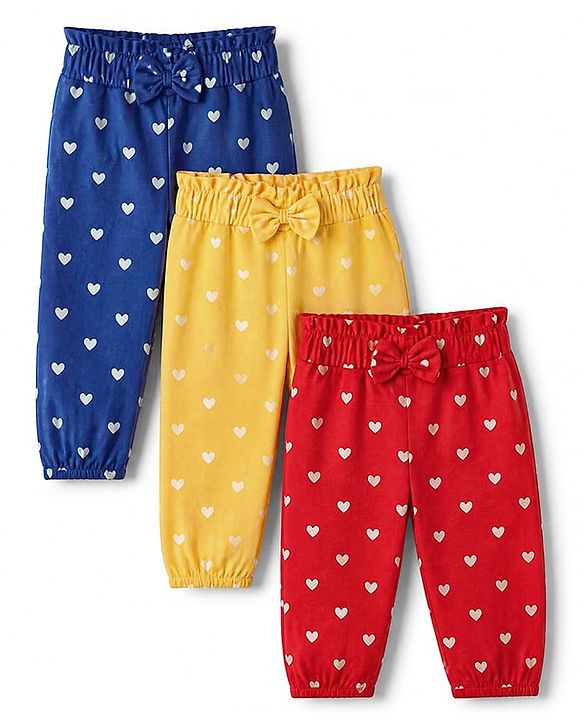 Babyhug Cotton Jersey Knit Full Length Track Pant With Bow Applique & Heart Print Pack of 3 - Blue Mustard & Red