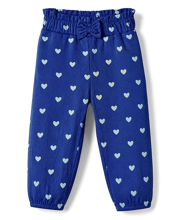 Babyhug Cotton Jersey Knit Full Length Track Pant With Bow Applique & Heart Print Pack of 3 - Blue Mustard & Red