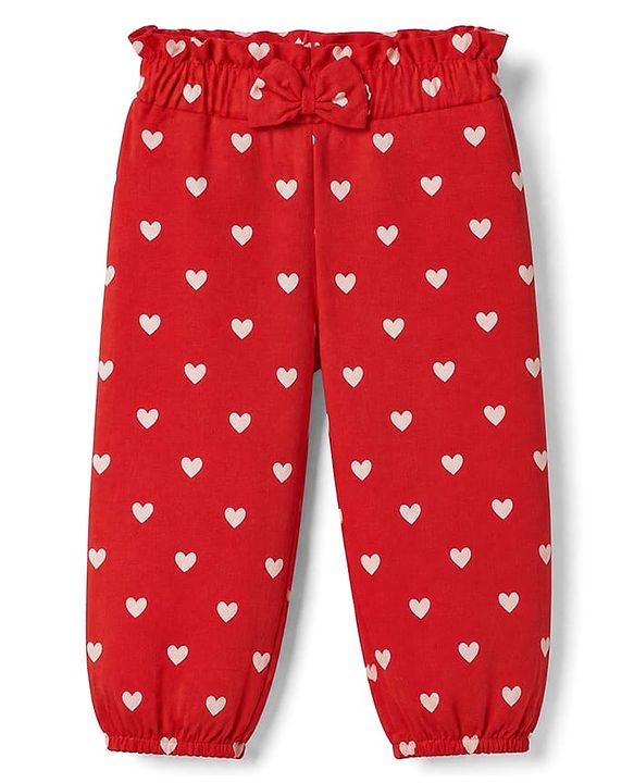 Babyhug Cotton Jersey Knit Full Length Track Pant With Bow Applique & Heart Print Pack of 3 - Blue Mustard & Red