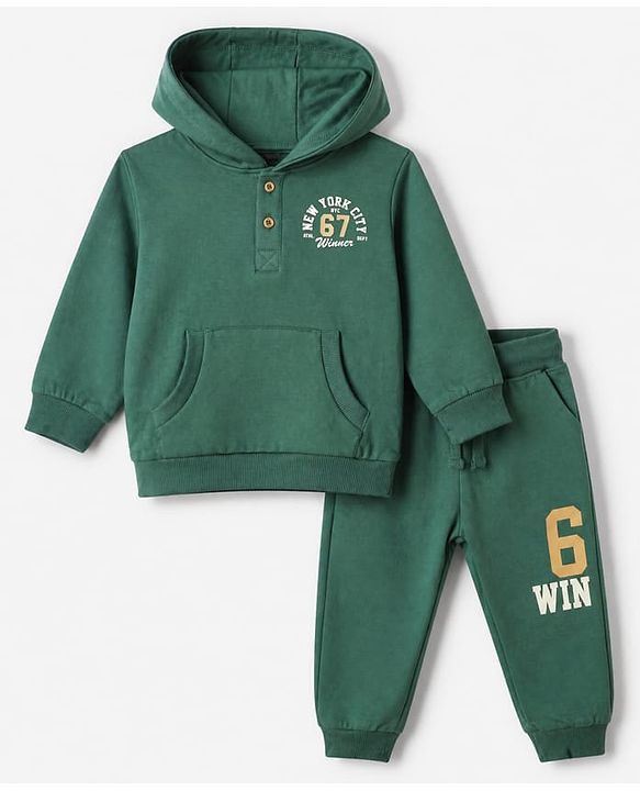 Babyhug 100% Cotton Terry Knit Full Sleeves Hooded T-Shirt and Jogger with New York City Print with Kangaroo Pockets - Green