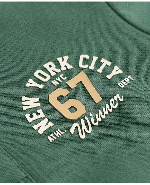 Babyhug 100% Cotton Terry Knit Full Sleeves Hooded T-Shirt and Jogger with New York City Print with Kangaroo Pockets - Green