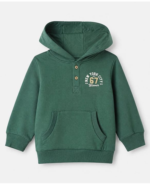 Babyhug 100% Cotton Terry Knit Full Sleeves Hooded T-Shirt and Jogger with New York City Print with Kangaroo Pockets - Green