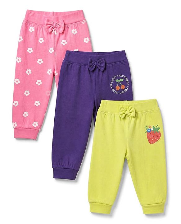 Babyhug Cotton Jersey Jogger Fit Lounge Pants with Floral, Cherry & Strawberry Print with Bow Pack of 3 - Pink, Violet & Light Green