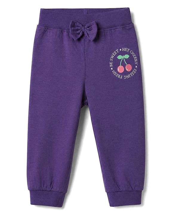Babyhug Cotton Jersey Jogger Fit Lounge Pants with Floral, Cherry & Strawberry Print with Bow Pack of 3 - Pink, Violet & Light Green