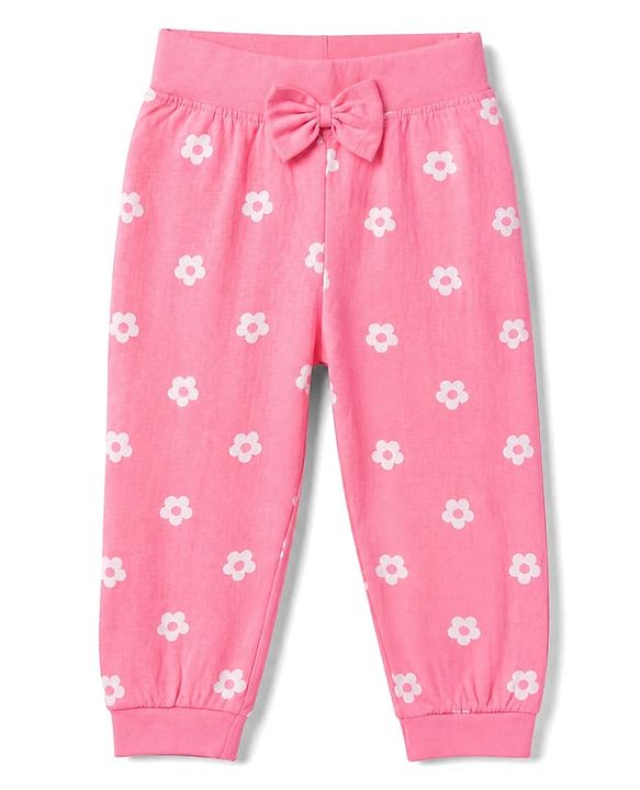 Babyhug Cotton Jersey Jogger Fit Lounge Pants with Floral, Cherry & Strawberry Print with Bow Pack of 3 - Pink, Violet & Light Green