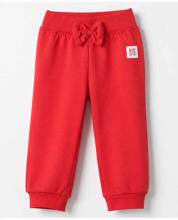 Babyhug Cotton Jersey Knit Full Length Track Pant With Bow Patch Pack of 3 - Blue Pink & Red