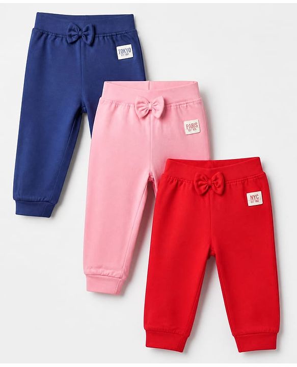 Babyhug Cotton Jersey Knit Full Length Track Pant With Bow Patch Pack of 3 - Blue Pink & Red