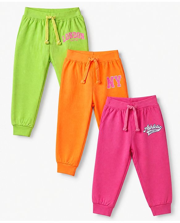 Babyhug Cotton Knit Full Length Jogger Fit Lounge Pant with London New York Print Pack of 3 in Orange Pink