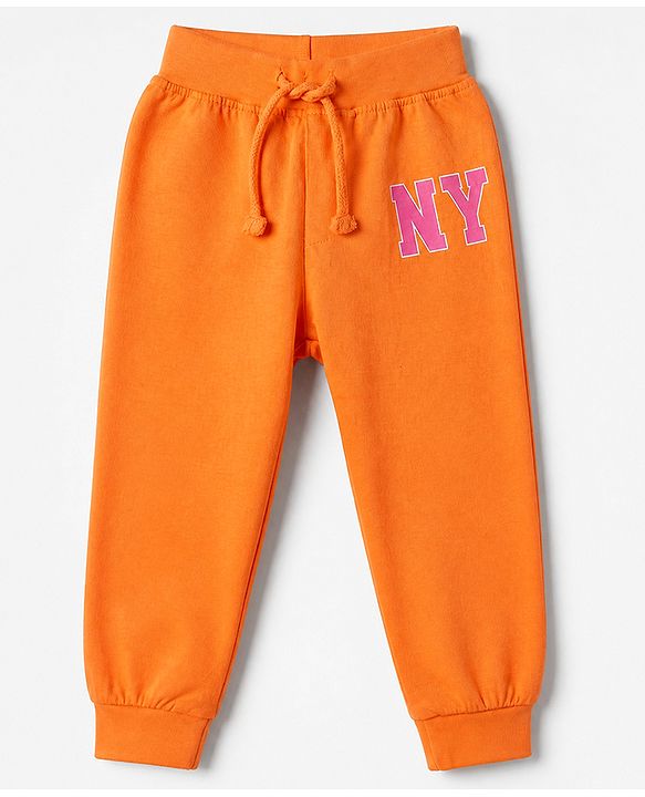 Babyhug Cotton Knit Full Length Jogger Fit Lounge Pant with London New York Print Pack of 3 in Orange Pink