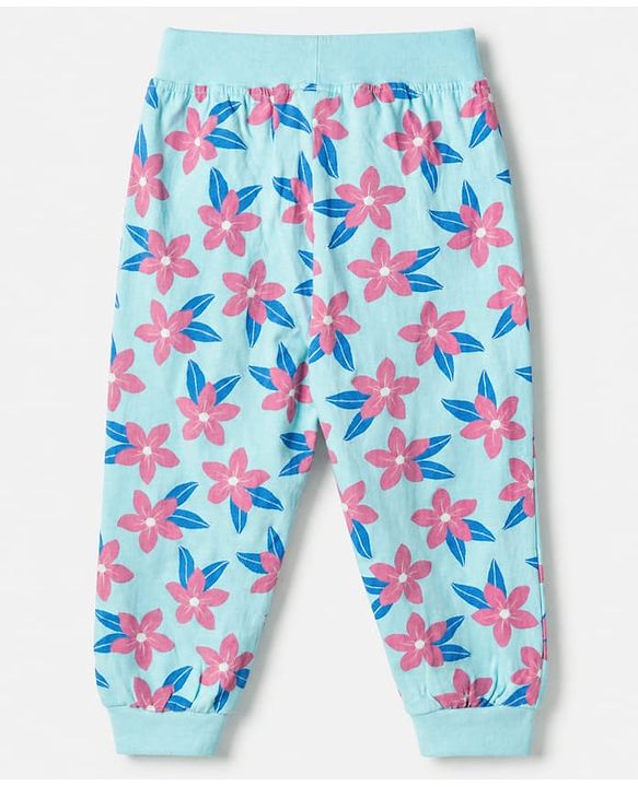 Babyhug Cotton Jersey Knit Jogger Fit Lounge Pants with Floral, Hearts & Smile Text Print with Bow Pack of 3 - Pink, Blue & Light Blue
