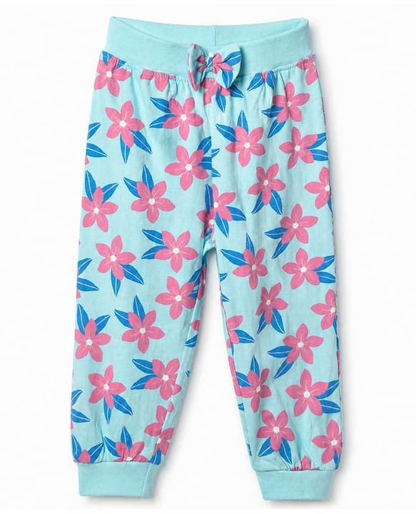 Babyhug Cotton Jersey Knit Jogger Fit Lounge Pants with Floral, Hearts & Smile Text Print with Bow Pack of 3 - Pink, Blue & Light Blue