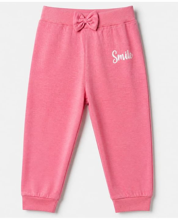 Babyhug Cotton Jersey Knit Jogger Fit Lounge Pants with Floral, Hearts & Smile Text Print with Bow Pack of 3 - Pink, Blue & Light Blue