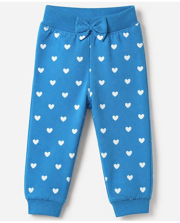 Babyhug Cotton Jersey Knit Jogger Fit Lounge Pants with Floral, Hearts & Smile Text Print with Bow Pack of 3 - Pink, Blue & Light Blue