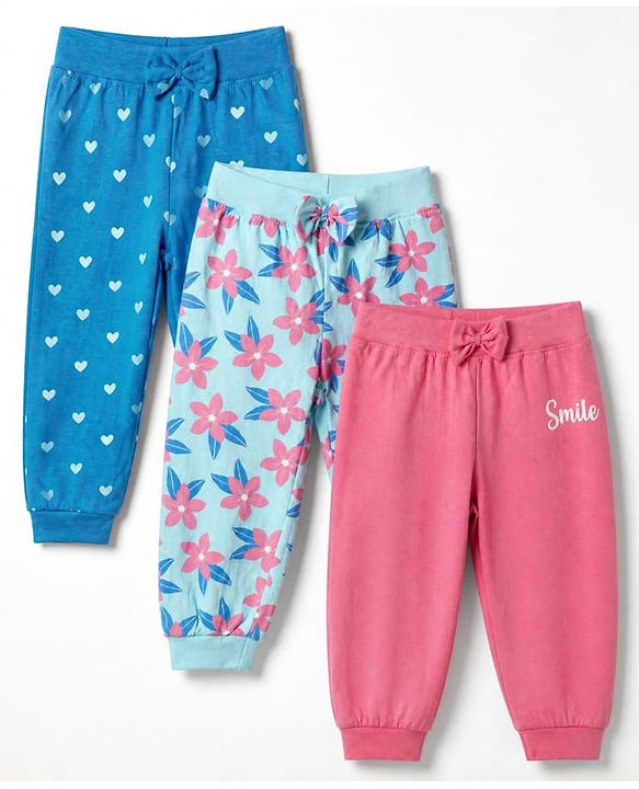 Babyhug Cotton Jersey Knit Jogger Fit Lounge Pants with Floral, Hearts & Smile Text Print with Bow Pack of 3 - Pink, Blue & Light Blue