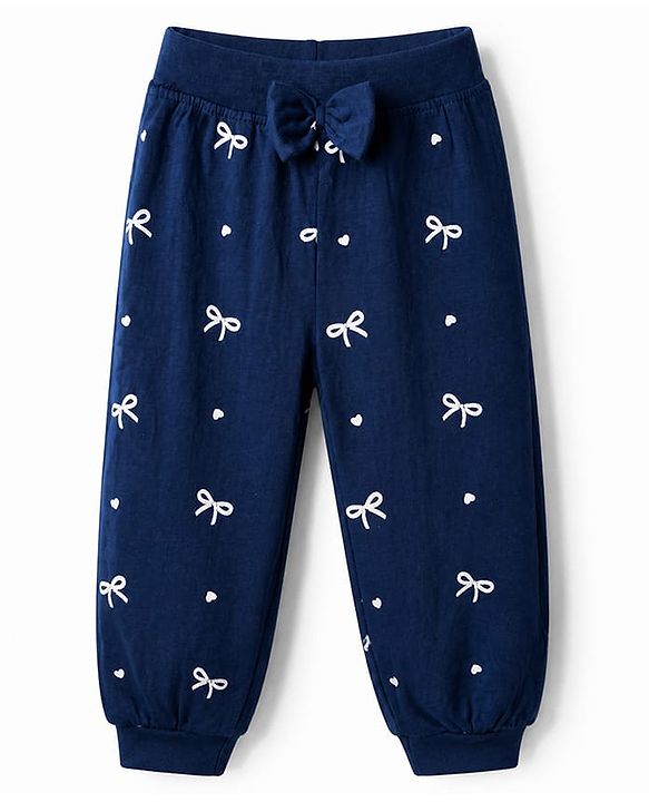 Babyhug Cotton Jersey Knit Jogger Fit Full Length Lounge Pant with Bow Print Pack of 2 In Blue Maroon