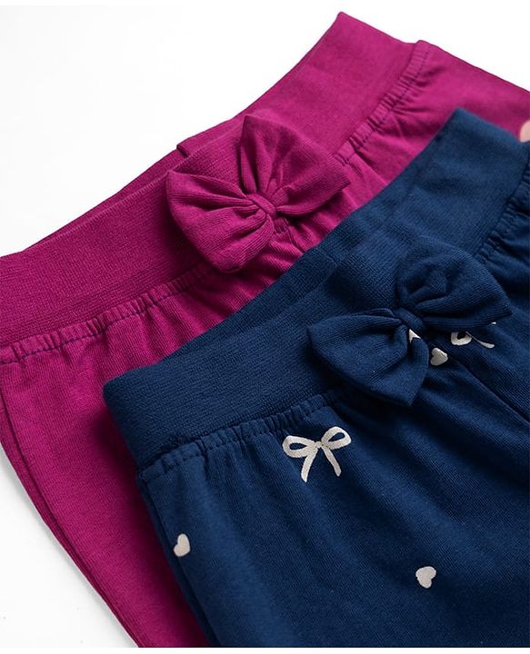Babyhug Cotton Jersey Knit Jogger Fit Full Length Lounge Pant with Bow Print Pack of 2 In Blue Maroon