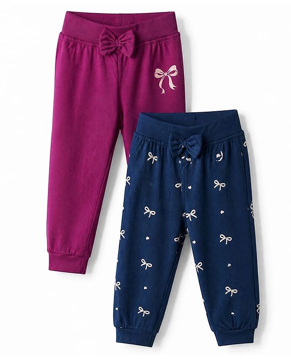 Babyhug Cotton Jersey Knit Jogger Fit Full Length Lounge Pant with Bow Print Pack of 2 In Blue Maroon
