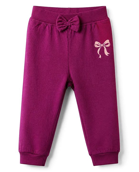 Babyhug Cotton Jersey Knit Jogger Fit Full Length Lounge Pant with Bow Print Pack of 2 In Blue Maroon