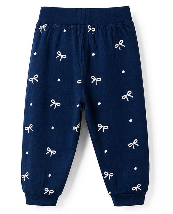 Babyhug Cotton Jersey Knit Jogger Fit Full Length Lounge Pant with Bow Print Pack of 2 In Blue Maroon