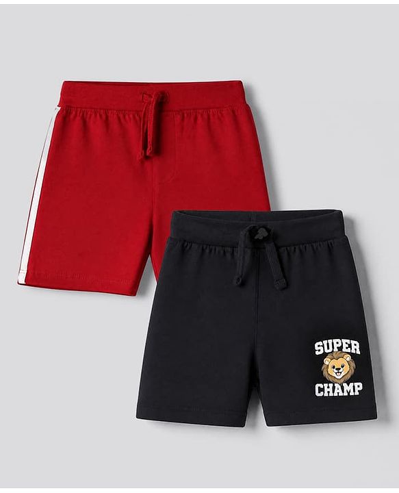 Babyhug 100% Cotton Jersey Knit Shorts With Lion & Text Print Pack of 2 - Red & Black