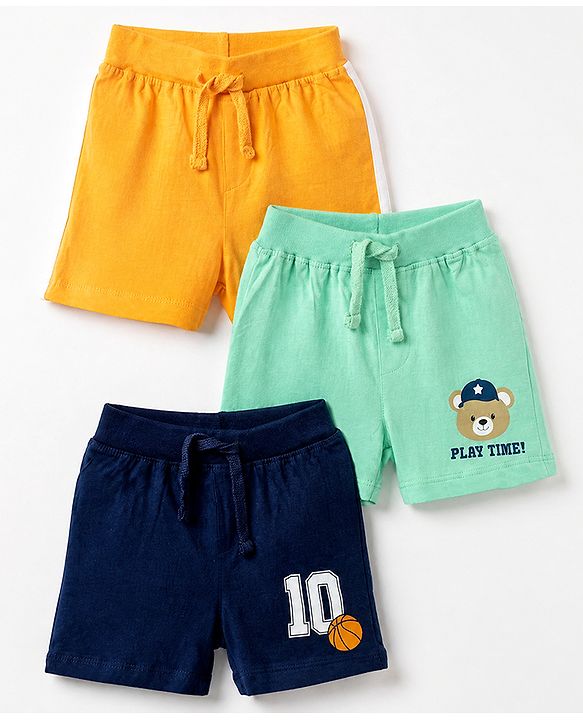 Babyhug Cotton Jersey Knit Shorts With Animal Print Pack of 3 - Yellow Green & Navy Blue