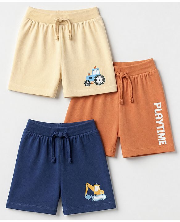 Babyhug 100% Cotton Single Jersey Knit Shorts with Tractor Print in Orange Blue & Cream Pack of 3