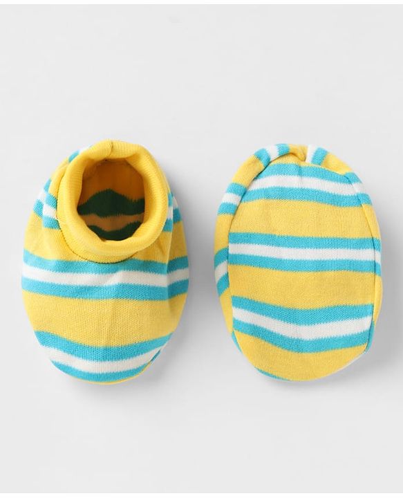 Babyhug 100% Cotton Interlock Knit Mittens & Booties With Stripes - Yellow