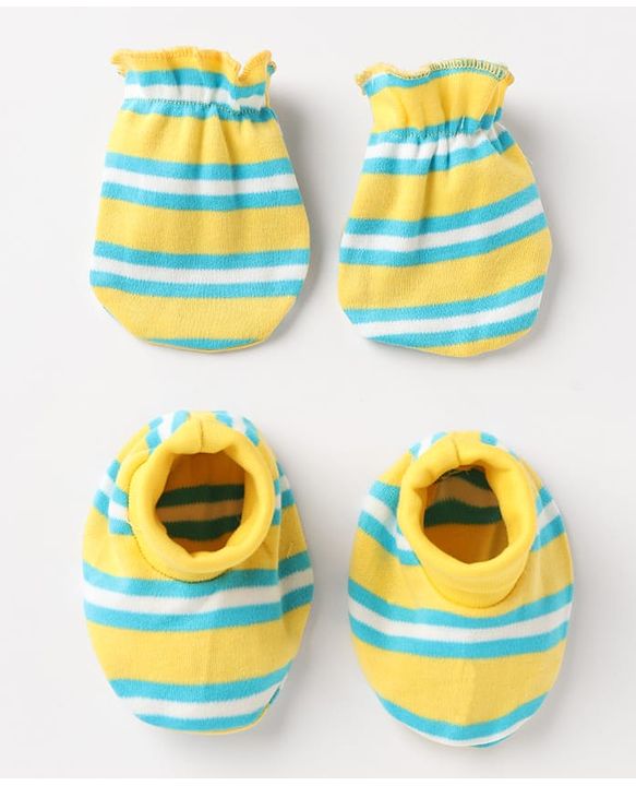 Babyhug 100% Cotton Interlock Knit Mittens & Booties With Stripes - Yellow