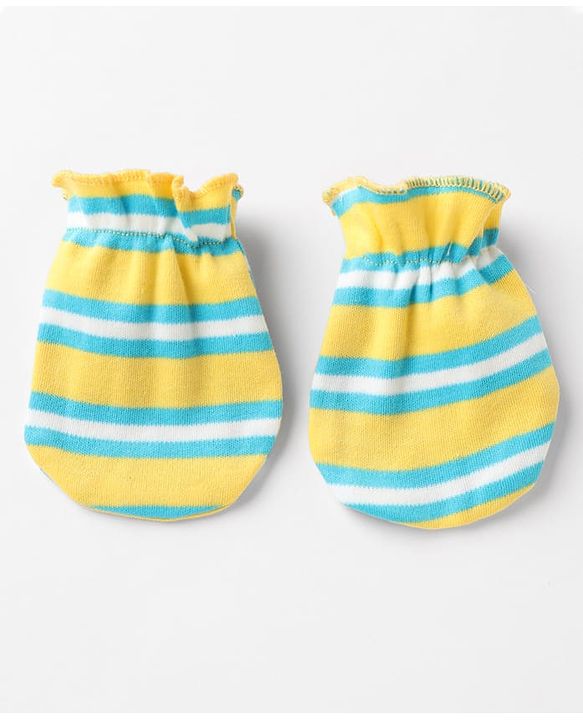 Babyhug 100% Cotton Interlock Knit Mittens & Booties With Stripes - Yellow