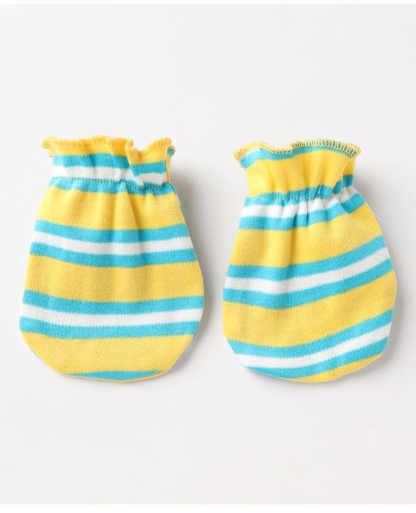 Babyhug 100% Cotton Interlock Knit Mittens & Booties With Stripes - Yellow
