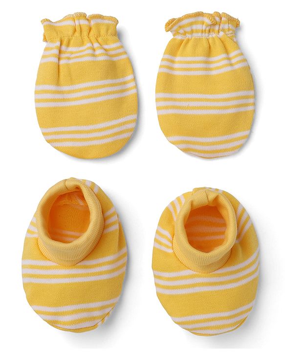 Babyhug 100% Cotton Interlock Knit Mittens & Booties with Stripes - Yellow