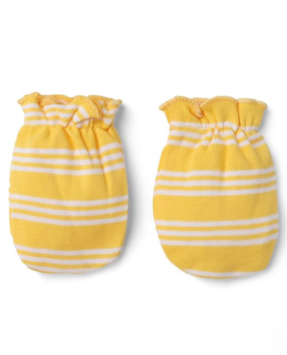 Babyhug 100% Cotton Interlock Knit Mittens & Booties with Stripes - Yellow