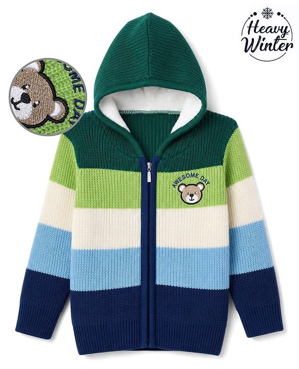 Babyhug Fur- Lined Knit Full Sleeves Hooded Sweater with Bear Embroidery - Navy Blue