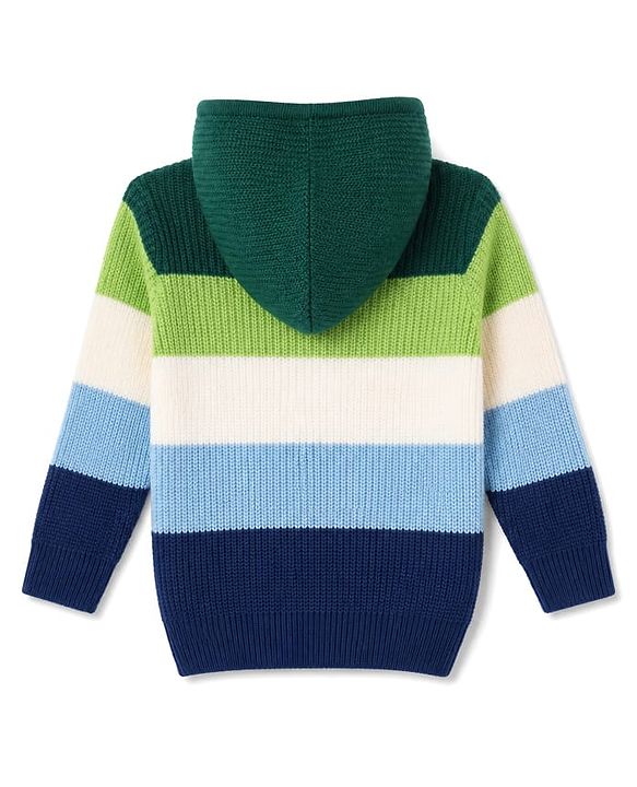 Babyhug Fur- Lined Knit Full Sleeves Hooded Sweater with Bear Embroidery - Navy Blue