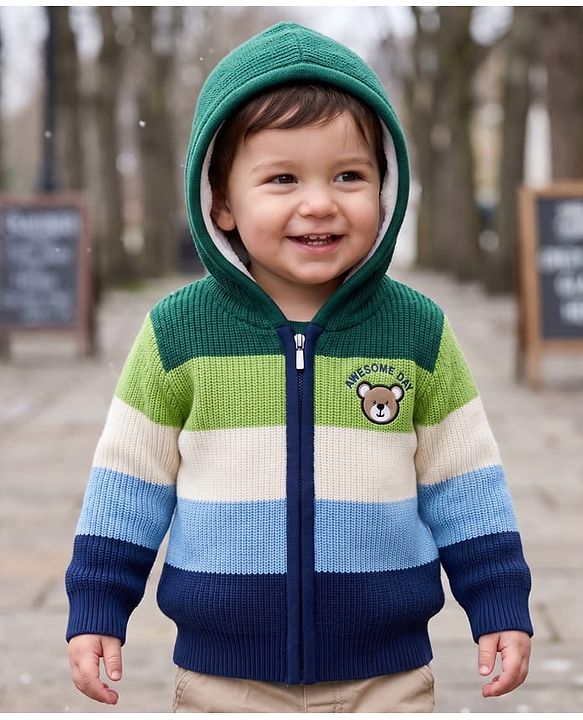 Babyhug Fur- Lined Knit Full Sleeves Hooded Sweater with Bear Embroidery - Navy Blue