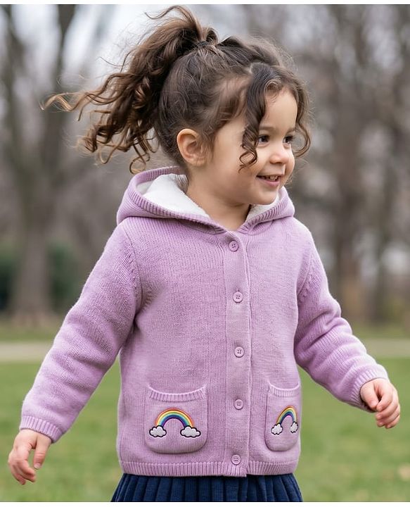 Babyhug Knit Hooded Full Sleeves Sweater With Rainbow Embroidery - Lavender