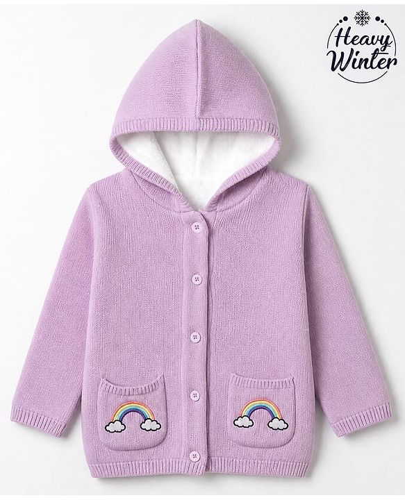 Babyhug Knit Hooded Full Sleeves Sweater With Rainbow Embroidery - Lavender