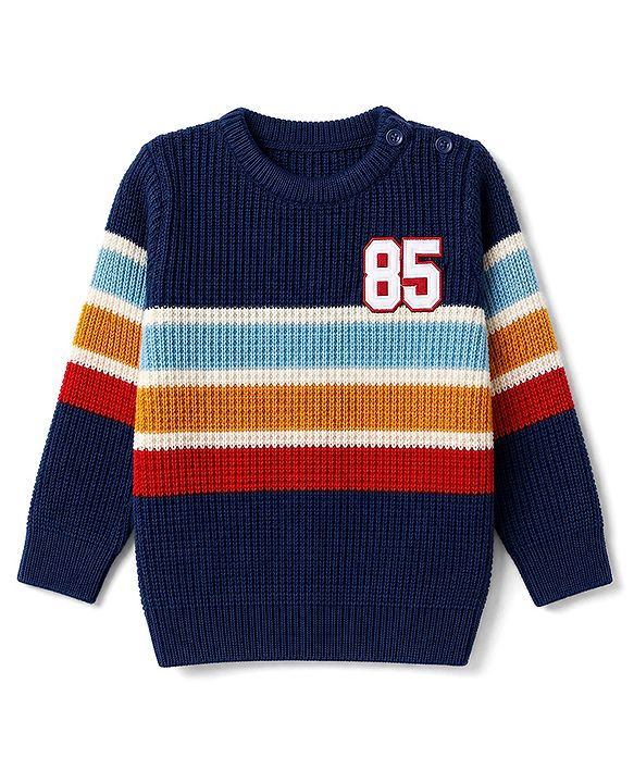 Babyhug Knit Full Sleeves Pullover with Stripes & Number Patch - Navy Blue