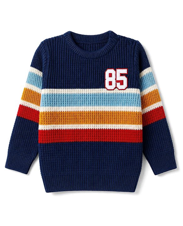 Babyhug Knit Full Sleeves Pullover with Stripes & Number Patch - Navy Blue