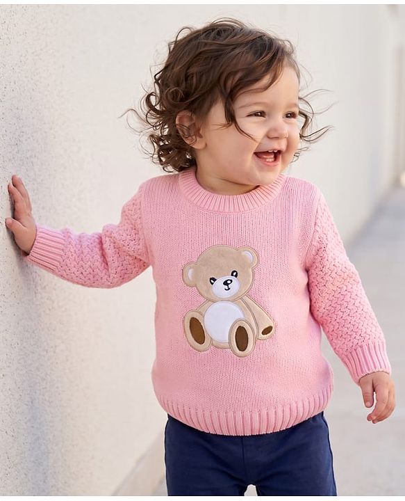 Babyhug Knit Full Sleeves Pullovers With Cable Knit Design & Teddy Bear Patch - Pink
