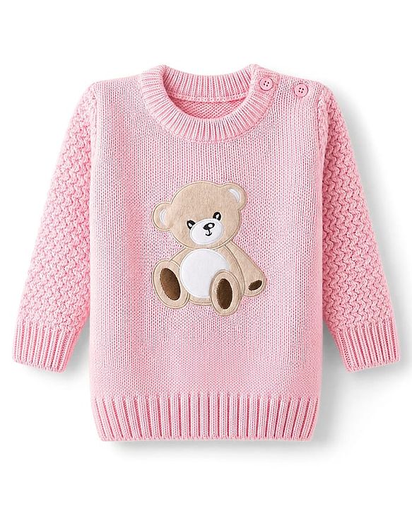 Babyhug Knit Full Sleeves Pullovers With Cable Knit Design & Teddy Bear Patch - Pink