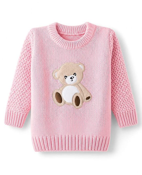 Babyhug Knit Full Sleeves Pullovers With Cable Knit Design & Teddy Bear Patch - Pink