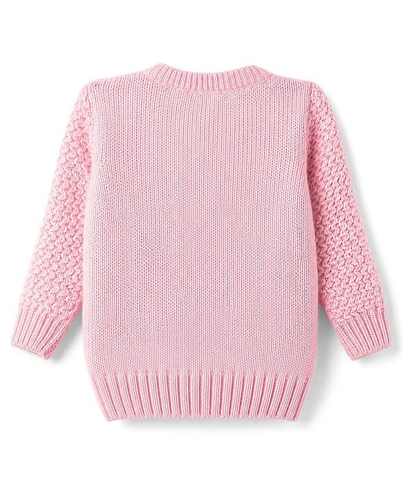 Babyhug Knit Full Sleeves Pullovers With Cable Knit Design & Teddy Bear Patch - Pink