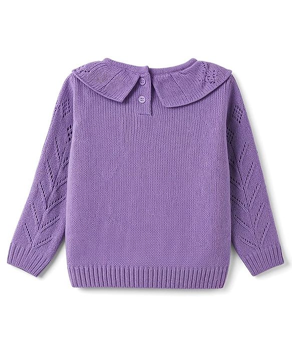 Babyhug Cable Knit Full Sleeves Pullover with Floral Embroidery - Purple