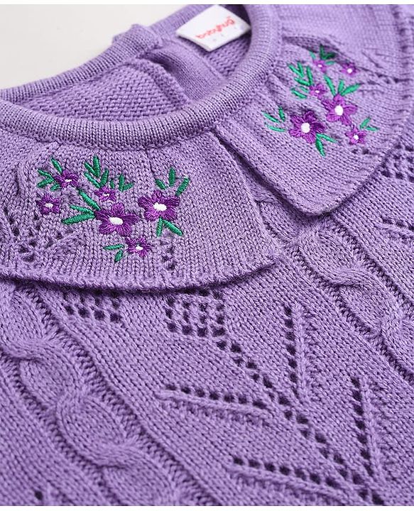 Babyhug Cable Knit Full Sleeves Pullover with Floral Embroidery - Purple