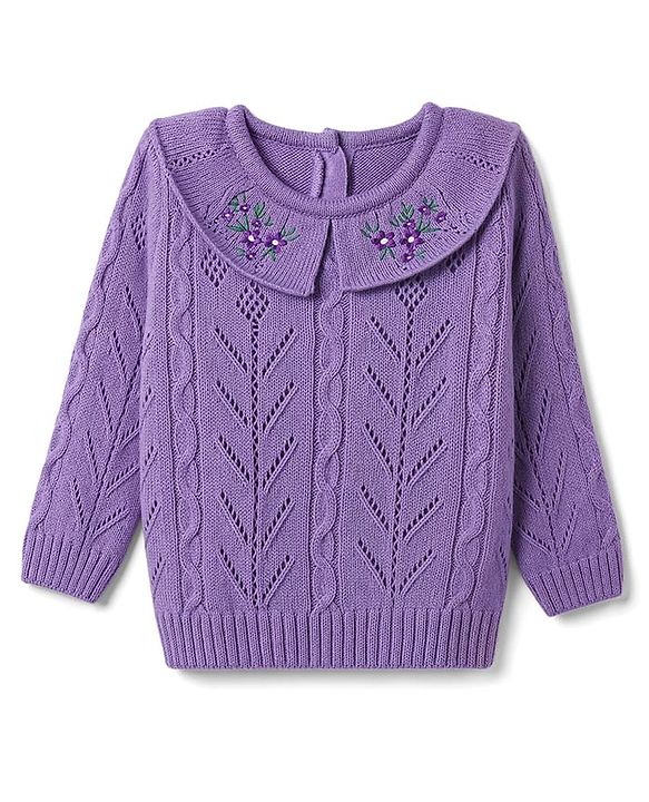Babyhug Cable Knit Full Sleeves Pullover with Floral Embroidery - Purple