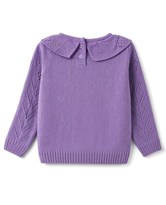 Babyhug Cable Knit Full Sleeves Pullover with Floral Embroidery - Purple