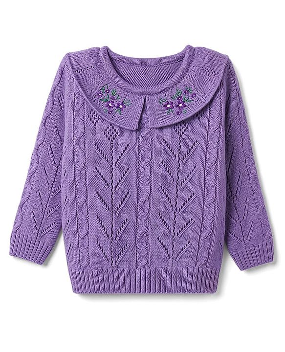 Babyhug Cable Knit Full Sleeves Pullover with Floral Embroidery - Purple