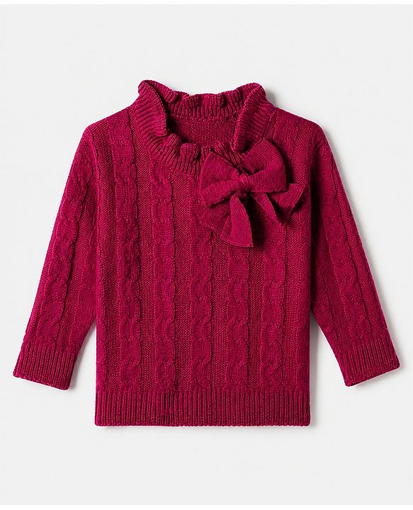 Babyhug Knit Pullover with Full Sleeves and Bow Applique in Pink